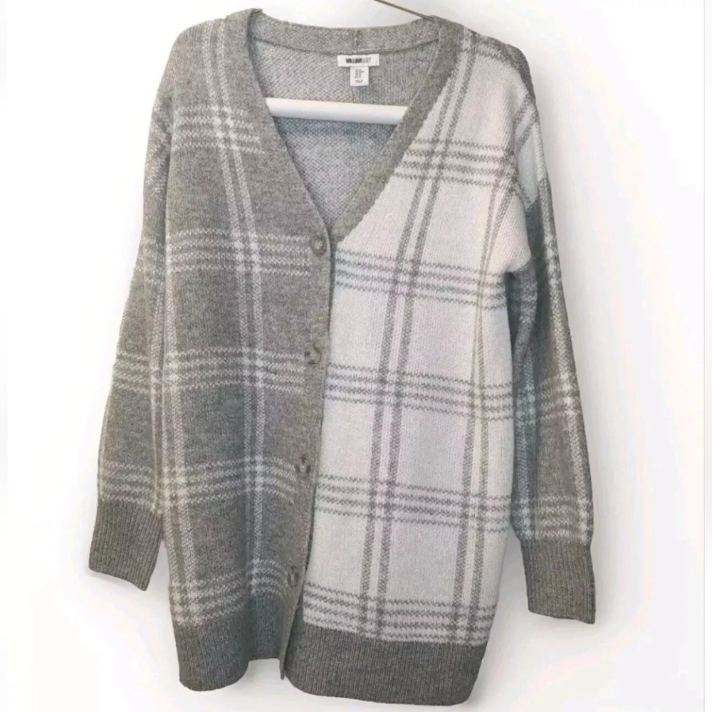 Preppy Varsity V-Neck Cardigan Sweater Oversized Heritage Gray Plaid Knit Med